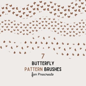 May include: A digital art graphic with a beige background and brown butterfly patterns. The text reads "7 Butterfly Pattern Brushes for Procreate". The butterflies are arranged in a wave-like pattern.