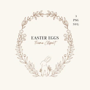 Könnte beinhalten: Eine braune Linienzeichnung eines Kranzes mit Blumen und Blättern. Im Inneren des Kranzes befindet sich eine Linienzeichnung eines Kaninchens. Der Text "EASTER EGGS Frame Clipart" befindet sich in der Mitte des Kranzes.