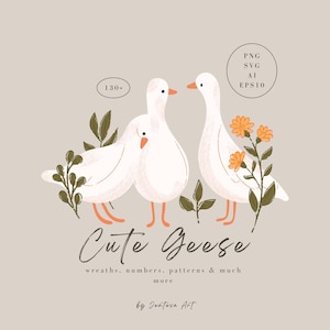 May include: A digital illustration of three white geese with orange beaks and feet, surrounded by green leaves and orange flowers. The text reads "130+", "PNG SVG AI EPS10", "Cute Geese", "wreaths, numbers, patterns & much more", and "by Jenteva Art".