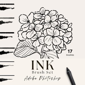 May include: An ink brush set for Adobe Photoshop. The image features a black and white floral illustration with the text "INK Brush Set Adobe Photoshop" and "17 brushes". A black stylus is in the bottom right corner.