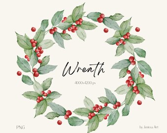 Christmas botanical watercolor wreath, Winter Greenery, Winter Wreath, Christmas wreath - PNG - Commercial Use