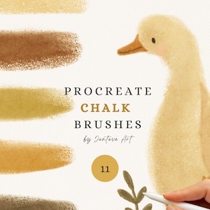 Op de afbeelding: Een set van 11 Procreate krijtpenselen voor digitale kunst. De penselen worden getoond in verschillende kleuren, waaronder geel, bruin en beige. De afbeelding bevat ook een hand die een stylus vasthoudt, een eendenillustratie en de tekst "Procreate Chalk Brushes by Jentevn Art".
