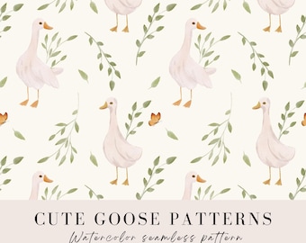Watercolor Goose Seamless Pattern: Floral Clipart (PNG, JPG)