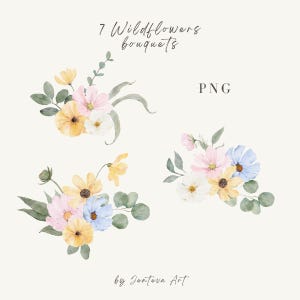 May include: Watercolour illustrations of seven wildflower bouquets. Each bouquet features yellow, pink, white, and blue flowers with green foliage. The text "7 Wildflowers bouquets" and "PNG" are visible.