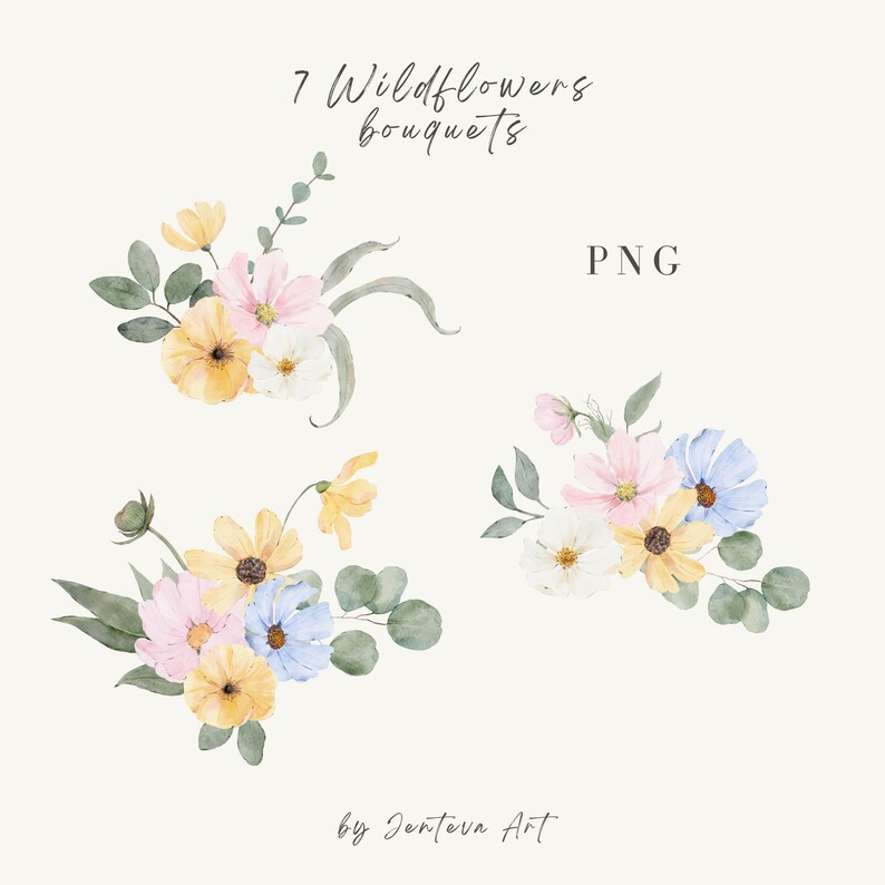 May include: Watercolour illustrations of seven wildflower bouquets. Each bouquet features yellow, pink, white, and blue flowers with green foliage. The text "7 Wildflowers bouquets" and "PNG" are visible.