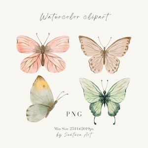 Puede incluir: Ilustraci&oacute;n de acuarela de cuatro mariposas en tonos rosa, marr&oacute;n, amarillo y verde. Las mariposas tienen patrones detallados en las alas sobre un fondo crema. El texto "Watercolor clipart", "PNG" y "by Jenteva Art" est&aacute; incluido.