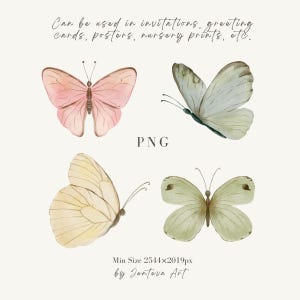 Puede incluir: Ilustraci&oacute;n en acuarela de cuatro mariposas en colores pastel. La imagen incluye el texto "Se puede usar en invitaciones, tarjetas de felicitaci&oacute;n, carteles, impresiones de guarder&iacute;a, etc." y "PNG". La imagen es de Jenteva Art.