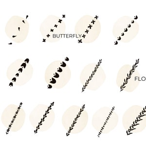 May include: A set of 18 digital illustrations featuring various floral and butterfly designs. Each design is placed on a beige circle with a black outline. The text "BUTTERFLY" and "FLORAL" are included in the image.
