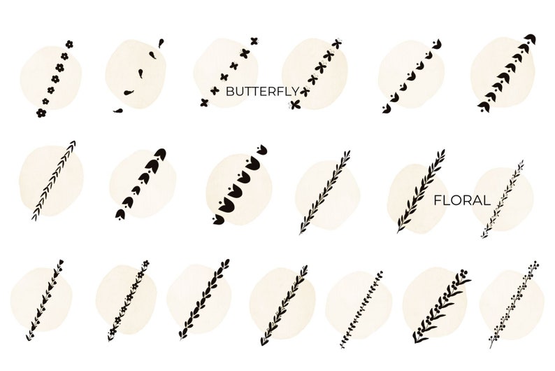 May include: A set of 18 digital illustrations featuring various floral and butterfly designs. Each design is placed on a beige circle with a black outline. The text "BUTTERFLY" and "FLORAL" are included in the image.
