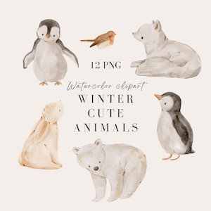 May include: Watercolor clipart featuring winter animals, including penguins, a polar bear, a rabbit, and a bird. The text reads "12 PNG" and "Watercolor clipart WINTER CUTE ANIMALS". The illustrations are in soft, muted colors.