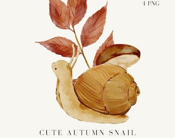 Watercolor Autumn Snail Clipart: Leaf & Mushroom (4 PNG)