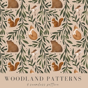 May include: A seamless pattern featuring woodland animals and foliage. The pattern includes bears, foxes, squirrels, birds, and leaves in shades of brown, green, and beige.