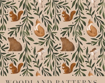 Woodland Animals Seamless Pattern: Fox, Bear, Squirrel (PNG)