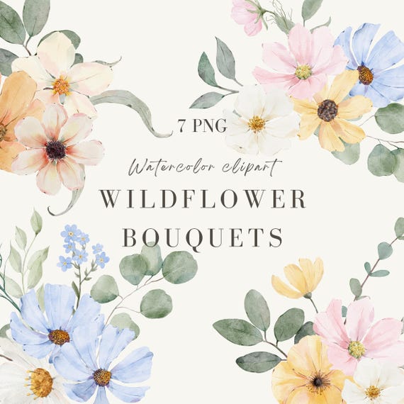 Watercolor Flower Bouquet Clipart: White, Blue & Yellow Wildflowers (PNG Digital Download)