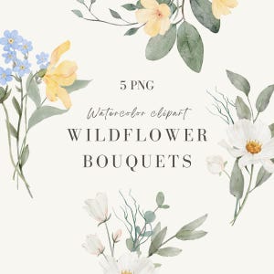 Aquarelle bouquets PNG, clipart fleurs sauvages, illustrations botaniques, fleurs blanches, bleues et jaunes dessinées à la main, compositions florales