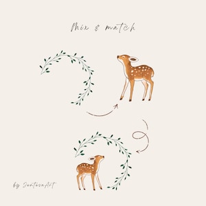 K&ouml;nnte beinhalten: Eine digitale Illustration mit zwei braunen Rehkitzen mit wei&szlig;en Flecken, zwei gr&uuml;nen Blattkr&auml;nzen und braunen Richtungspfeilen. Der Text "Mix & match" steht oben und "by Jenteva Art" ist unten links zu lesen.