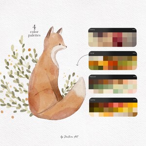 Pode incluir: Ilustra&ccedil;&atilde;o de aquarela de uma raposa sentada em um leito de folhas verdes. A imagem inclui quatro paletas de cores: Cereja, Floral, Natural e Ensolarado. Cada paleta &eacute; exibida em uma grade de 16 amostras de cores.