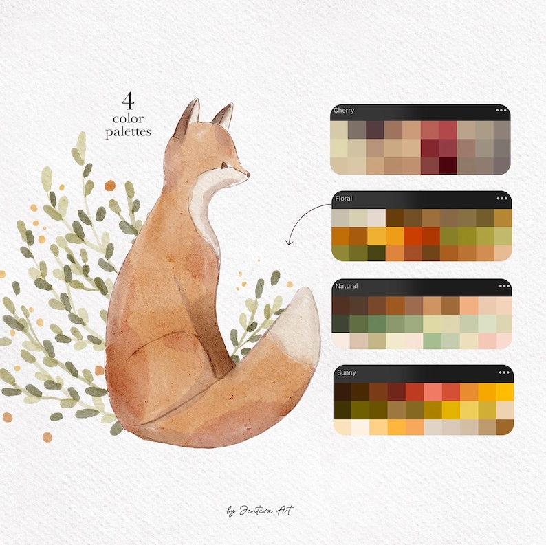 Pode incluir: Ilustra&ccedil;&atilde;o de aquarela de uma raposa sentada em um leito de folhas verdes. A imagem inclui quatro paletas de cores: Cereja, Floral, Natural e Ensolarado. Cada paleta &eacute; exibida em uma grade de 16 amostras de cores.