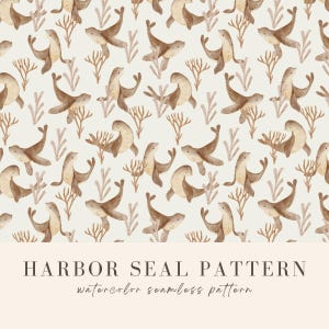 Watercolor Sea Lion Seamless Pattern, Brown Sea Seal Digital Paper, Sublimation for Fabric, Scrapbook Under Sea Pattern PNG