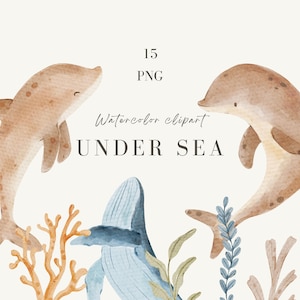 Under Sea Watercolor Clipart Set, Whales, Dolphins, Shark, Orca, Stingray & Algae, Hand-Painted Digital Download, Baby Shower, Nursery Decor