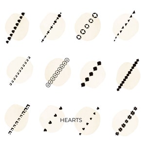 May include: A set of 18 digital illustrations featuring various black and white patterns on a beige background. The patterns include hearts, stars, circles, squares, and triangles. The text "Zen Teva" and "HEARTS" are also included in the image.