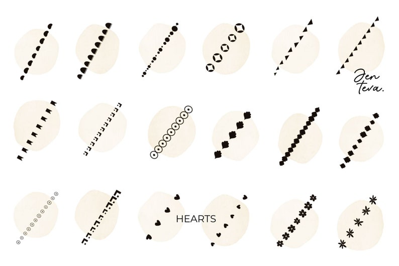 May include: A set of 18 digital illustrations featuring various black and white patterns on a beige background. The patterns include hearts, stars, circles, squares, and triangles. The text "Zen Teva" and "HEARTS" are also included in the image.