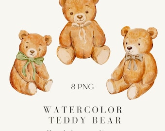 Watercolor Teddy Bear Clipart: Hand-Drawn Nursery Illustrations (8 PNG, Digital Download)