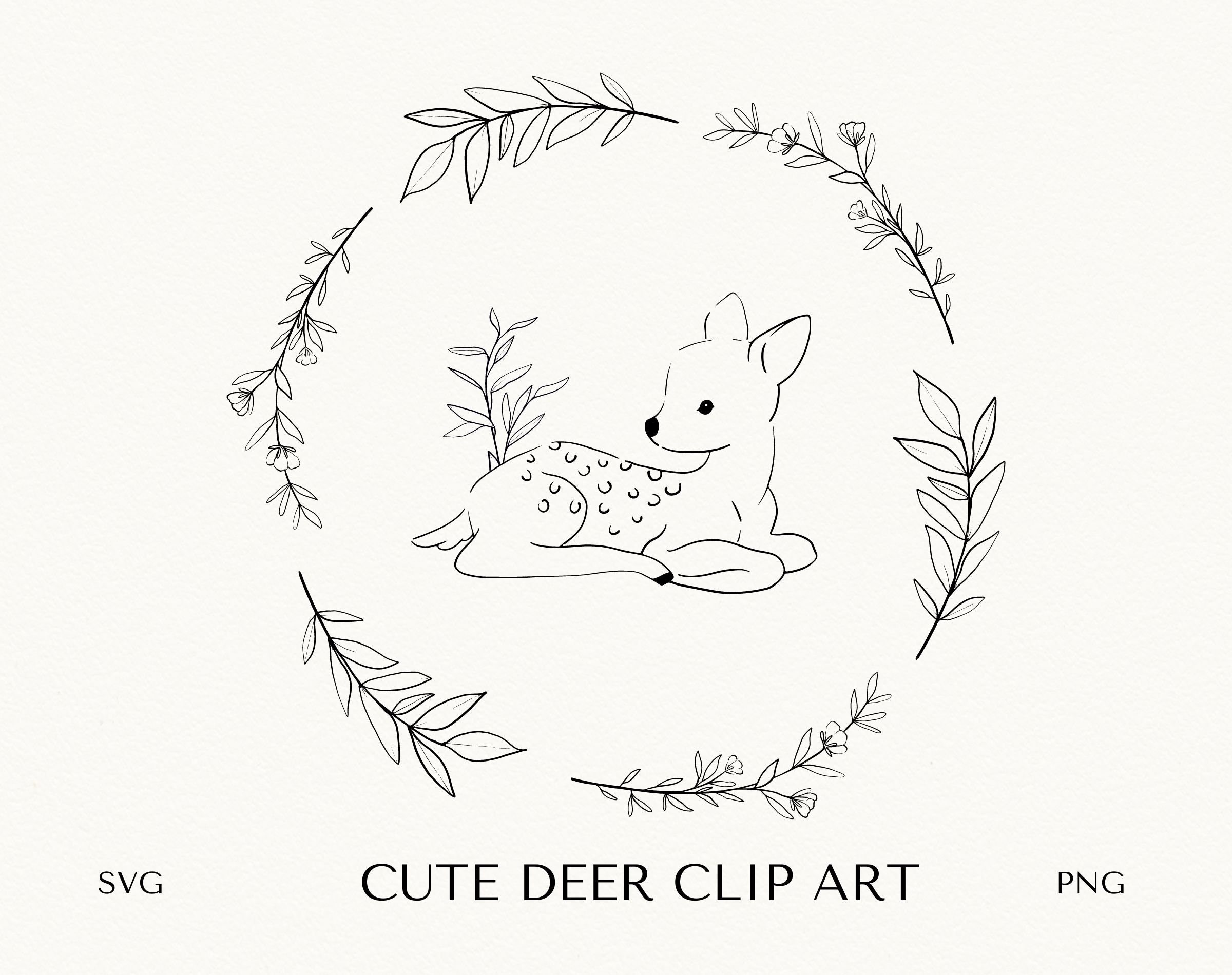 Cute Deer Wreath Clipart, Floral Line Art SVG, PNG
