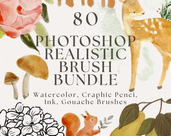 Photoshop Brush Bundle: Gouache, Watercolor, Graphite Pencils, Ink, Paper Textures (85 brushes, Digital Download)