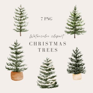 Könnte beinhalten: Aquarell-Clipart mit sieben Weihnachtsbäumen in verschiedenen Größen und Stilen. Die Bäume sind grün mit weißen Akzenten, einige in Töpfen. Der Text lautet "7 PNG" und "Watercolor clipart CHRISTMAS TREES".