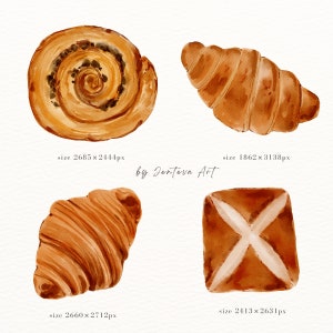 May include: Four watercolor illustrations of different types of bread. A round cinnamon roll, a croissant, a croissant with a different shape, and a square loaf of bread with a cross on top.