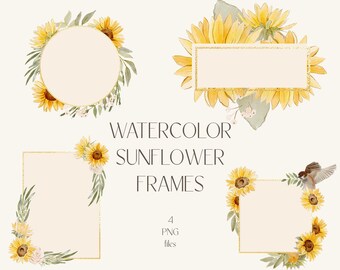 4 Watercolour sunflower Frames - PNG - Commercial Use