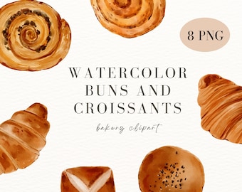 Watercolor Bakery Clipart: Buns & Croissants (PNG)