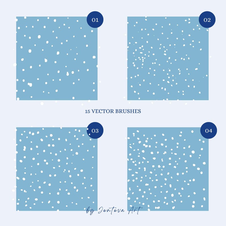 May include: Four blue squares with white dots on a light blue background. The squares are numbered 01, 02, 03, and 04. The text "15 VECTOR BRUSHES" is below the squares. The text "by Jenteva Art" is below the text "15 VECTOR BRUSHES".