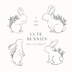 線画のウサギと花の SVG、かわいいウサギのクリップアート、愛らしいアウトラインのウサギ、花のクリップアート、線画の動物、手描きのウサギのイラスト