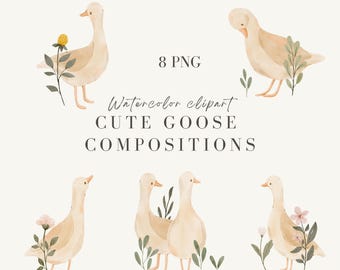 Watercolor Goose Clipart: Floral Geese PNG, Botanical Animal Art (Digital Download)