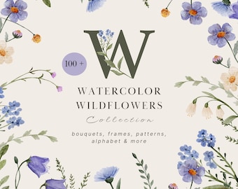 Watercolor Wildflower Bundle Clipart Set: Bouquets, Frames, Patterns, Alphabet, Wedding Design Elements Pack (116 PNG)