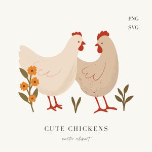 Poulets mignons et fleurs sauvages des cliparts, poulet SVG, Clipart fleur, poule mignonne PNG, art mural pour chambre d'enfant, illustrations d'animaux, SVG floral