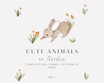 Aquarell Tiere Clipart: Hase, Gans, Maus, Eichhörnchen, Igel, Muster, Rahmen, Zahlen (PNG, digitaler Download)