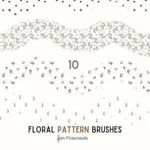 May include: A set of 10 floral pattern brushes for Procreate. The brushes feature different floral patterns, including small dots, wavy lines, and scattered leaves. The brushes are perfect for creating digital art and designs.