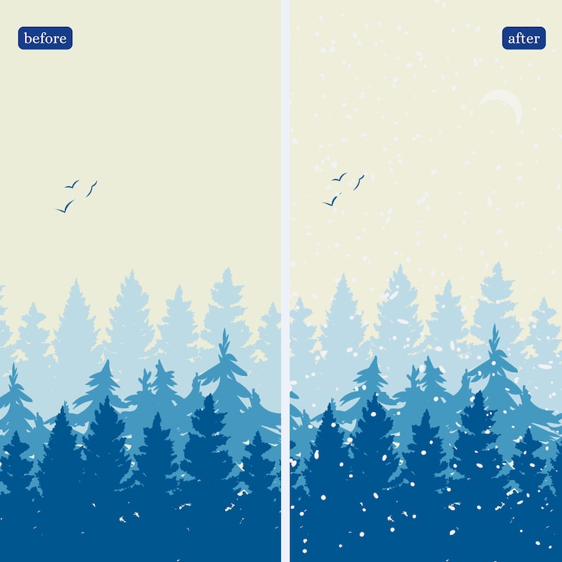 May include: A before and after image showing a winter scene with a forest of blue trees. The 'before' image shows a clear sky with birds flying overhead. The 'after' image shows a snowy sky with falling snow and a crescent moon.