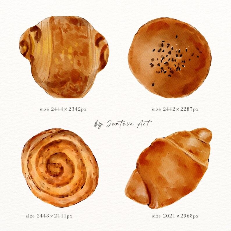 May include: Four watercolor illustrations of different types of bread. The top left image shows a round brown bread roll. The top right image shows a round brown bread roll with black sesame seeds. The bottom left image shows a round brown bread roll with a swirl pattern. The bottom right image shows a crescent-shaped brown bread roll.