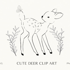 Line Art Deer SVG, Cute Deer & Floral Clipart, Fawn Illustration, Line Floral PNG, Outline Composition Clipart, Woodland Animal SVG