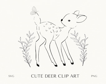 Line Art Deer SVG, Cute Deer & Floral Clipart, Fawn Illustration, Line Floral PNG, Outline Composition Clipart, Woodland Animal SVG