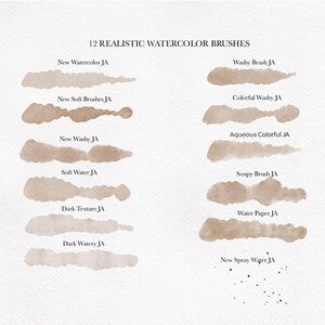 Pode incluir: Doze pinceladas de aquarela em v&aacute;rios tons de marrom, etiquetadas com nomes como "New Watercolor JA", "Washy Brush JA" e "Soft Water JA".