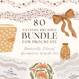 May include: An illustration featuring a collection of digital pattern brushes for Procreate. The image showcases a bundle of 80 brushes with butterfly, floral, and geometric designs. The text reads "80 Pattern Brushes Bundle for Procreate."