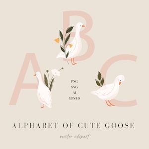 Alphabet avec des oies mignonnes SVG, lettres chiffre, oie & Clipart floral, clipart ABC, animaux lettres PNG, Illustration de l'alphabet oie