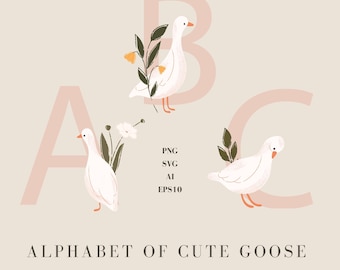 Goose Alphabet Clipart: Floral Animal Letters (SVG, PNG)