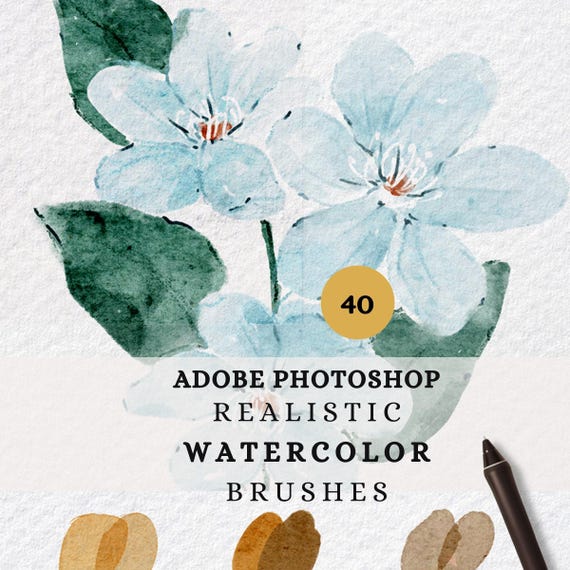 Realistic Watercolor Photoshop Brushes: Digital Art Brush Set, Canvas Textures (40 Brushes, ABR, PSD)