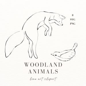 Waldtiere Linie Art SVG, niedlicher Fuchs, Hase, Vögel, Eichhörnchen Clipart, Line Art niedliche Tiere Illustrationen, Line Zeichnung Wald PNG